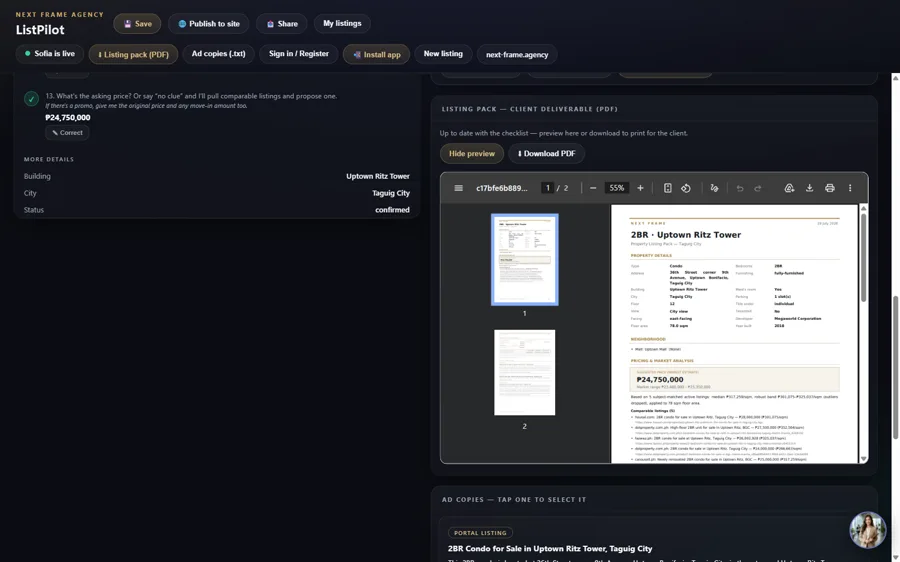 The finished screen — record, price band, ad copies and client pack assembled