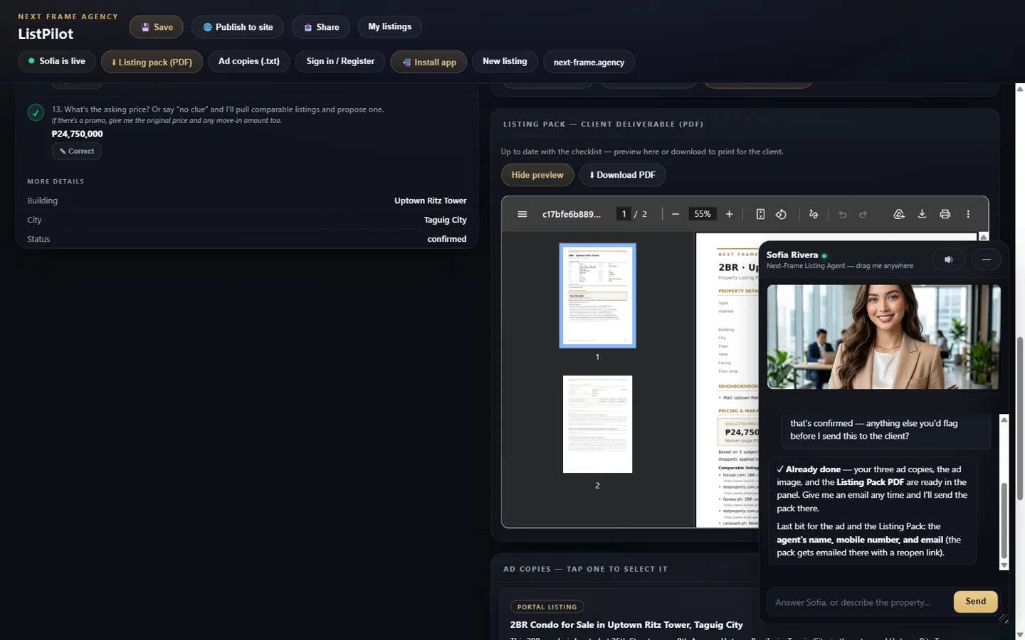 The ListPilot cockpit — the chat panel working through the checklist on the left, the assembled listing record, price band and ad copies on the right