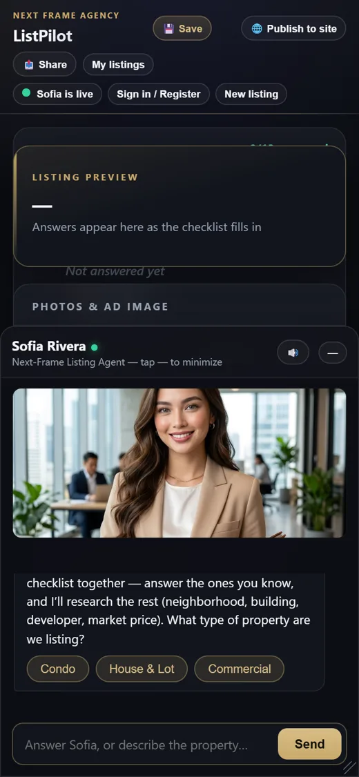 ListPilot on a phone at 390 pixels wide, showing the intake checklist and the chat thread