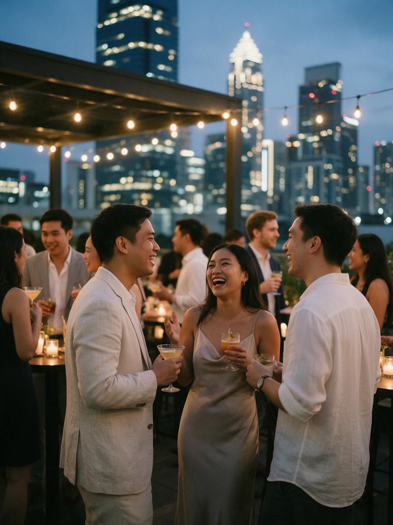 A rooftop bar in BGC at blue hour, guests in evening wear talking over cocktails with the skyline behind them